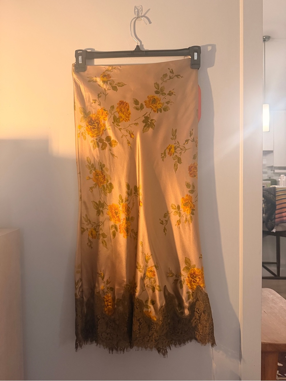 Reformation Beige Satin Midi Skirt with Yellow Rose Print